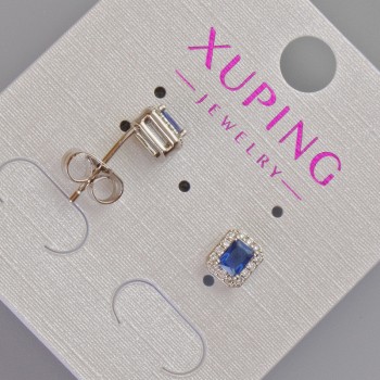 Aretes tipo botón Xuping con cristal azul y circonitas blancas, diámetro 6,5×5,5 mm, baño de rodio