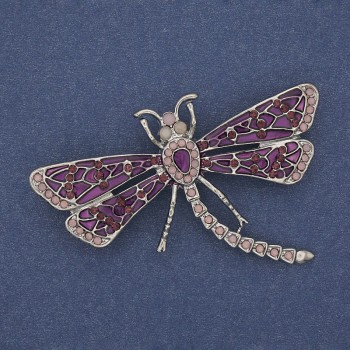 Broche de mariposa con esmalte violeta, cristales rosados, metal plateado 57×39 mm+