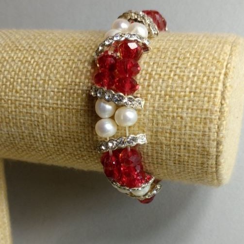 Pulsera de perlas de río y cristal checo, longitud 18 cm ±, elástica
