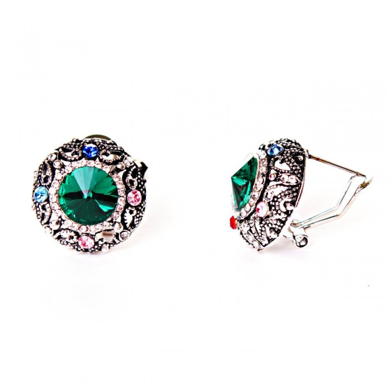 Pendientes de aro de 2 cm, arcoíris, con strass y cristal verde
