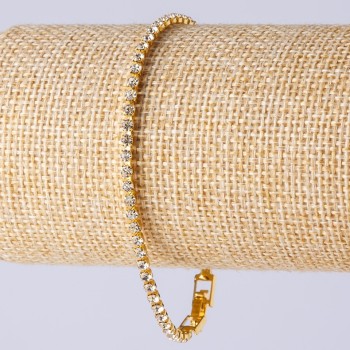 Pulsera de strass con cierre de mosquetón, de una hilera, color dorado, longitud 20 cm, ancho 3 mm
