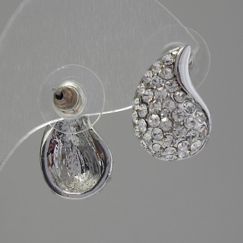 Pendientes de botón con strass, color blanco, 12×18 mm, metal plateado