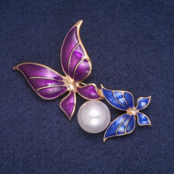 Broche 'Mariposas' esmaltado con cuentas, metal dorado 50x65 mm